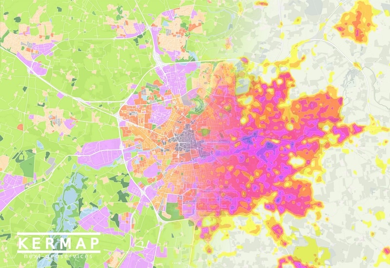 Carte des îlots de chaleur urbains à Rennes réalisée par Kermap