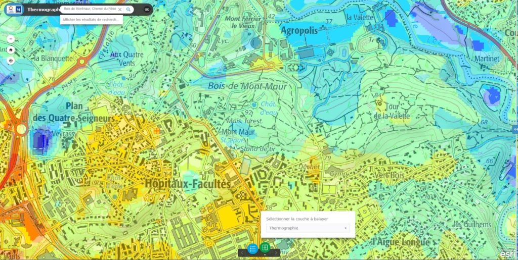 Thermographie satellitaire nocturne, Montpellier Méditerranée Métropole