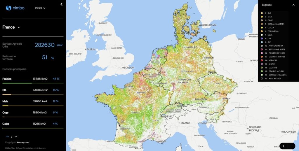 Carte d'Europe des cultures agricoles sur la plateforme Nimbo