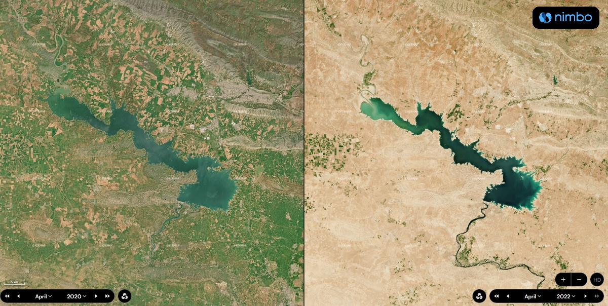 Drought in Irak : split-screen view of the Mosul Area April 2020 vs 2022