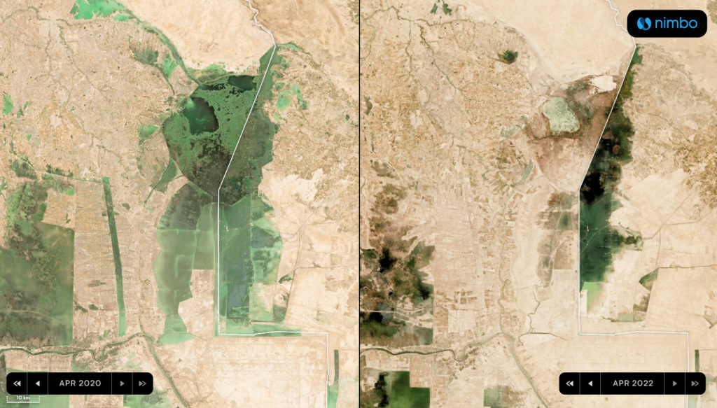 Split-screen view of Iraq Marshes on satellite images, April 2020 vs April 2022