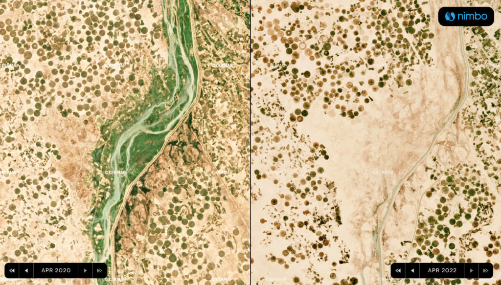 Split screen view of Tigris River south of Samarra (Iraq), April 2020 vs April 2022