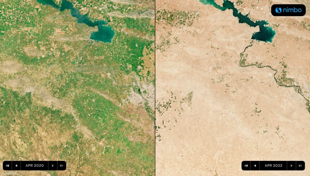 Split screen view of drought in Northern Iraq on satellite images, April 2020 vs April 2022