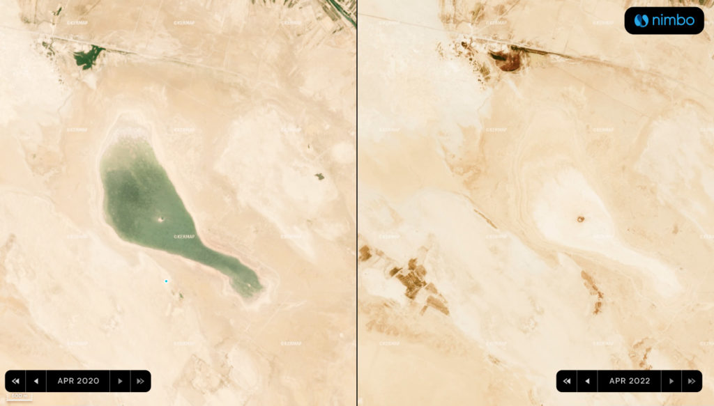 Drought in Iraq : split-screen view of Sawa Lake disappearance, April 2020 vs April 2022