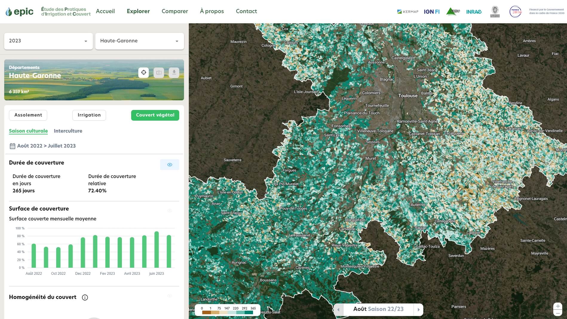 Cartographie de la durée de couverture par parcelle en 2023 dans la plateforme EPIC