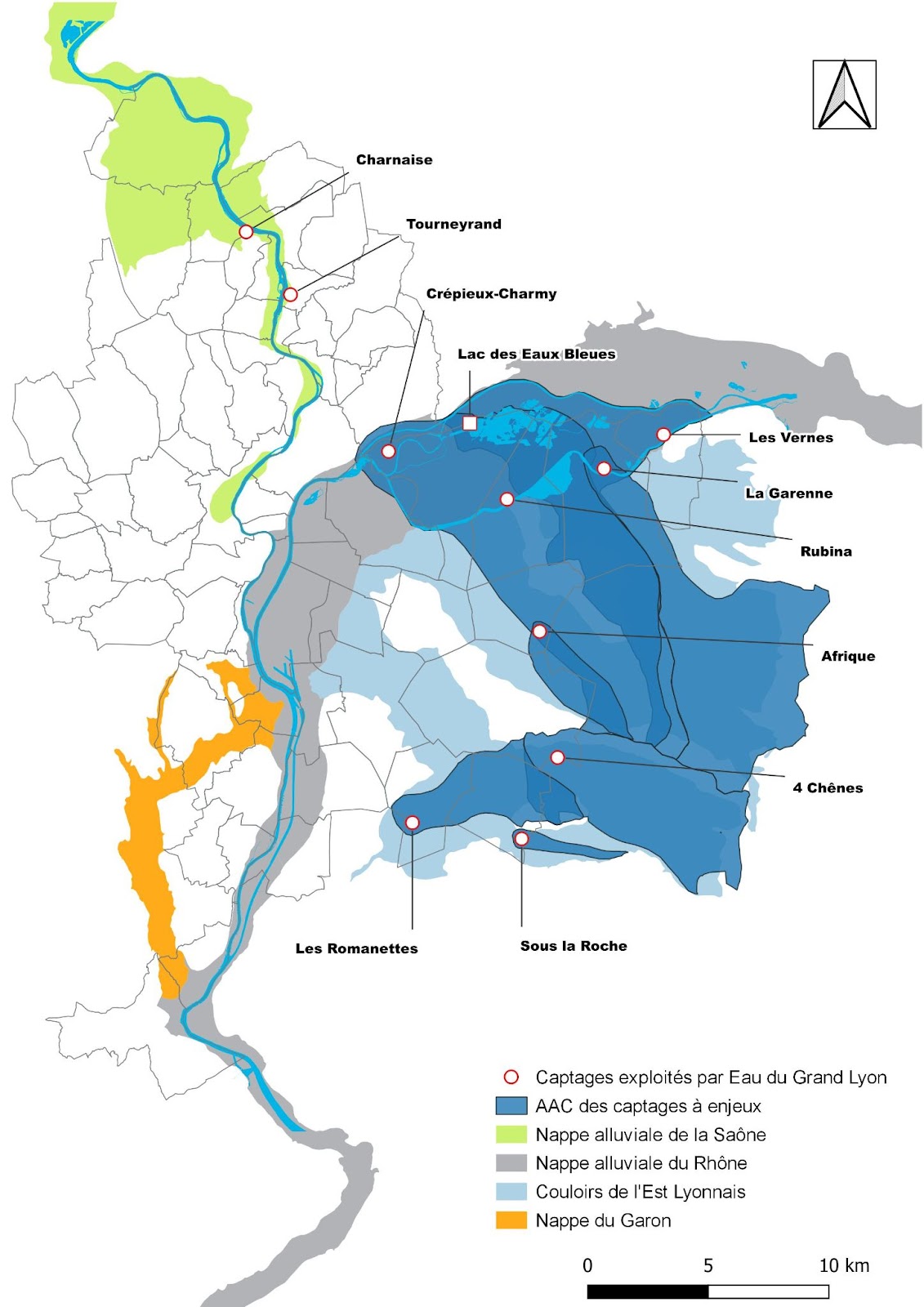 Carte des aires d'alimentation et de captage exploités par Eau du Grand Lyon